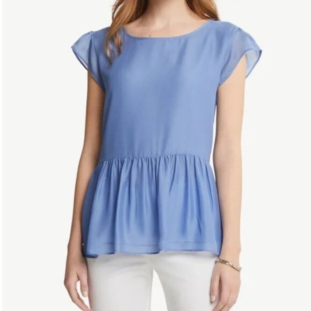 Ann Taylor Factory Peplum Top Sz XSP Blue Cap Sleeve Ruffled Relaxed‎ Fit Casual
